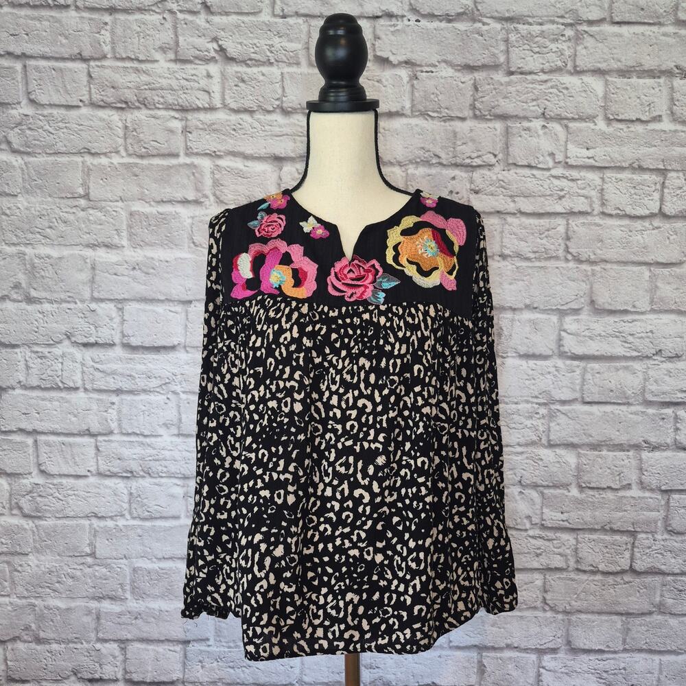 Savanna Jane Leopard Floral Embroidered V Neck Boho Blouse Top Long Sleeve Sz L - Picture 2 of 10